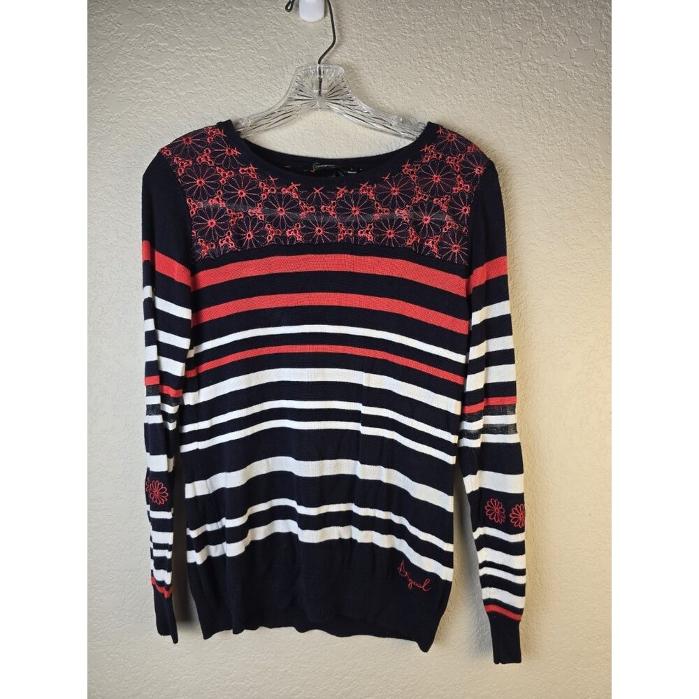 Desigual Lightweight Sweater Navy Red Floral Crosscross Stitch Detail Large